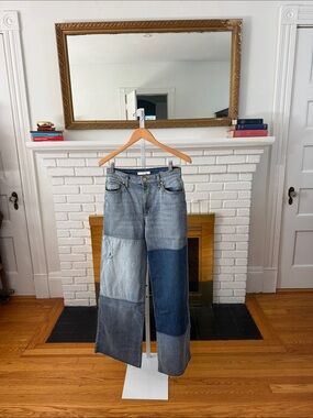 Fidelity Denim Patchwork Wide-Leg Jeans in Mixed Blue Tones